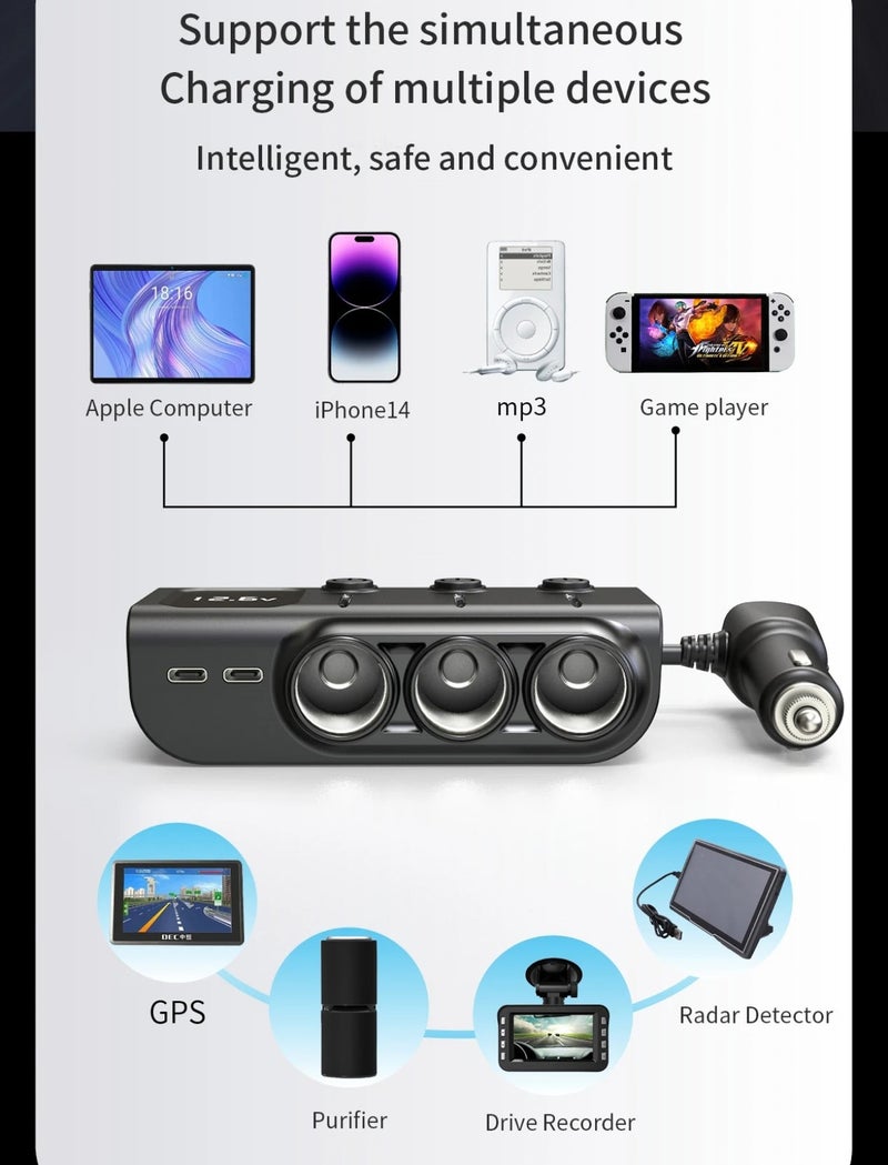 Bluejw Fast 3-Port USB Car Charger Adapter - 120W QC 3.0 PD 3A Cigarette Lighter Splitter - 12V Automobile Chargers with 3 Sockets - Image 4